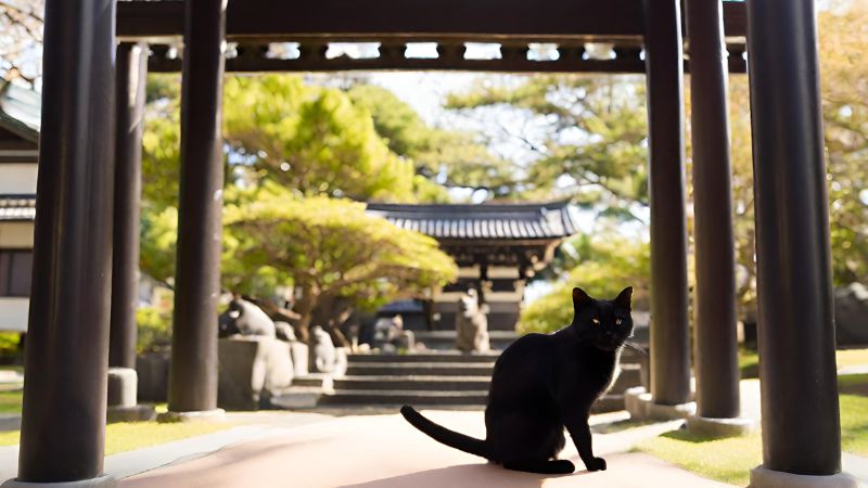 鳥居のそばに黒猫