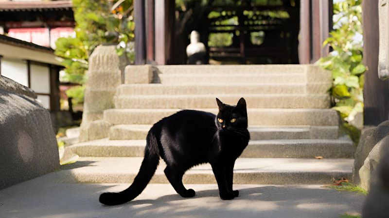 参道に黒猫